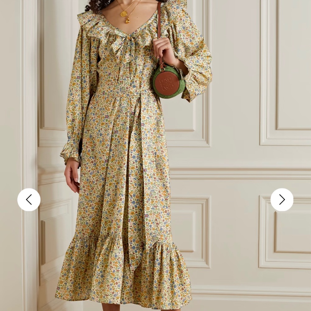 Doen Veredis Belted Ruffle Floral Print Midi Dress Liberty Fabric Yellow Large